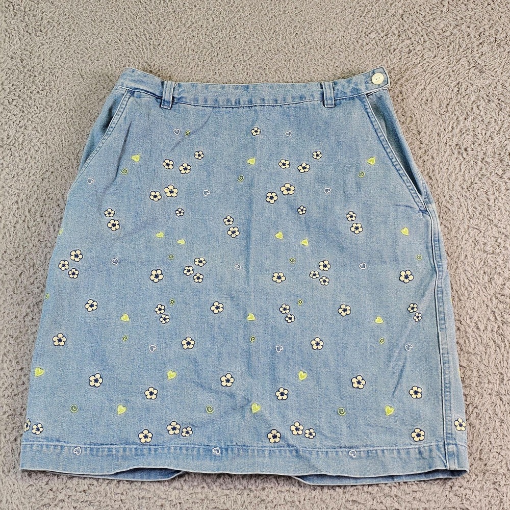 Vintage Christopher & Banks Skirt Womens 4 Blue Denim Embroidered Floral Hearts